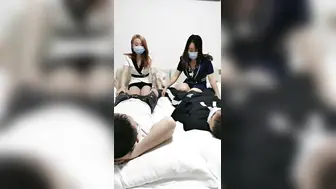 会所女技师培训两男两女4P试试技术怎么样，按摩撸屌正入抽插，后入猛操大白屁股，纹身男骑乘扭动小腰